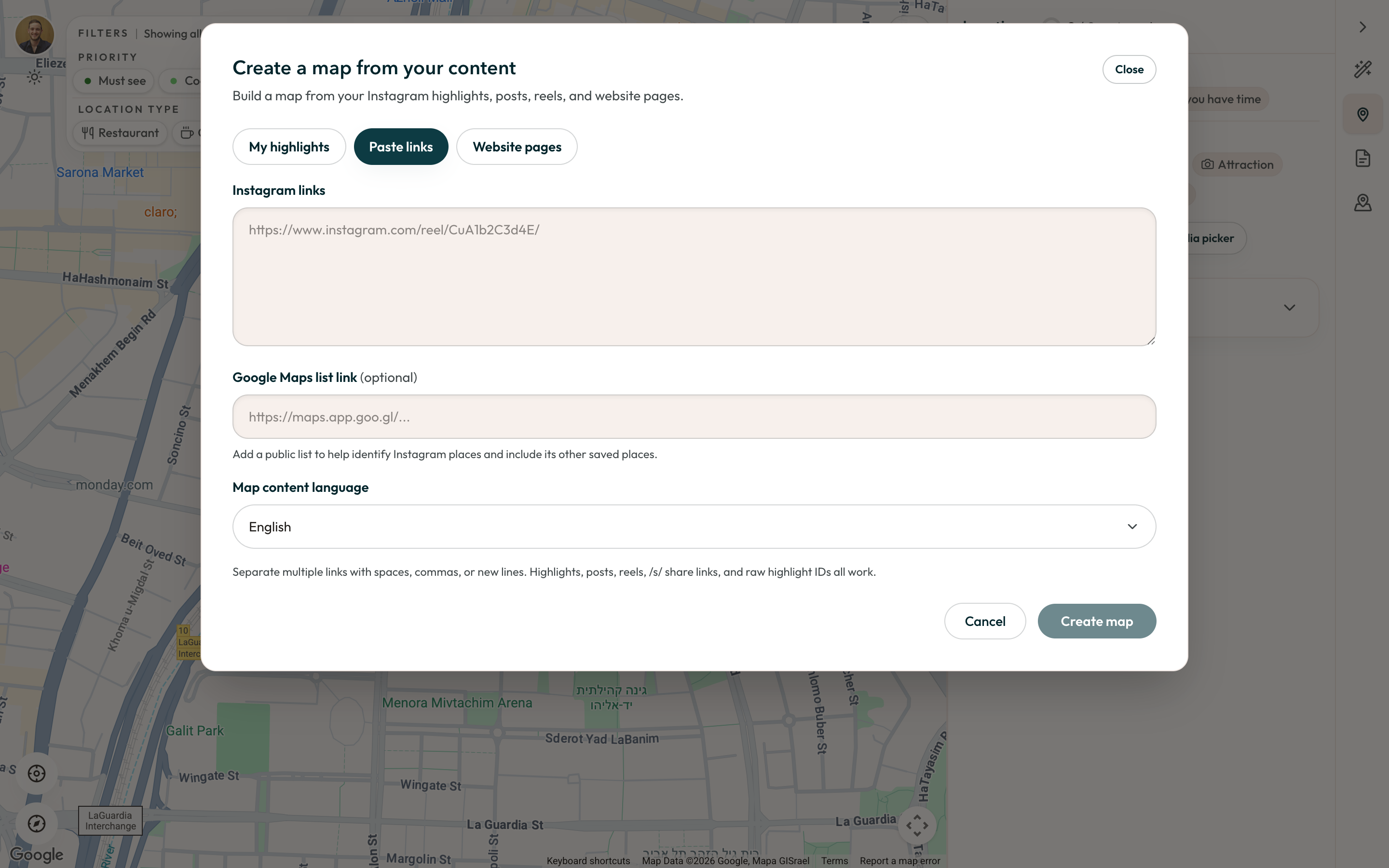 The create-from-content dialog with highlight selection and language choice