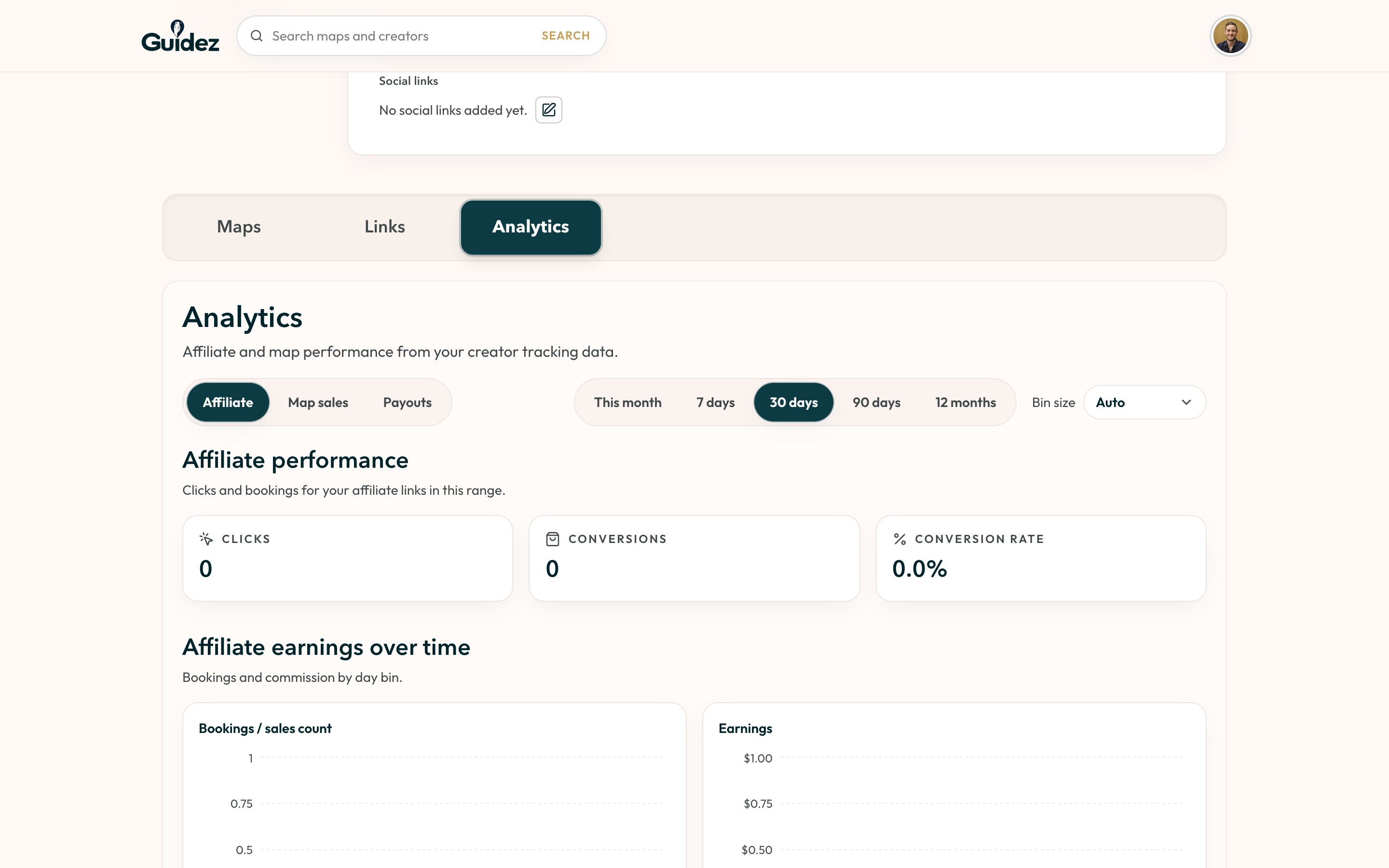 The creator analytics view with totals, an income chart, and traffic sources