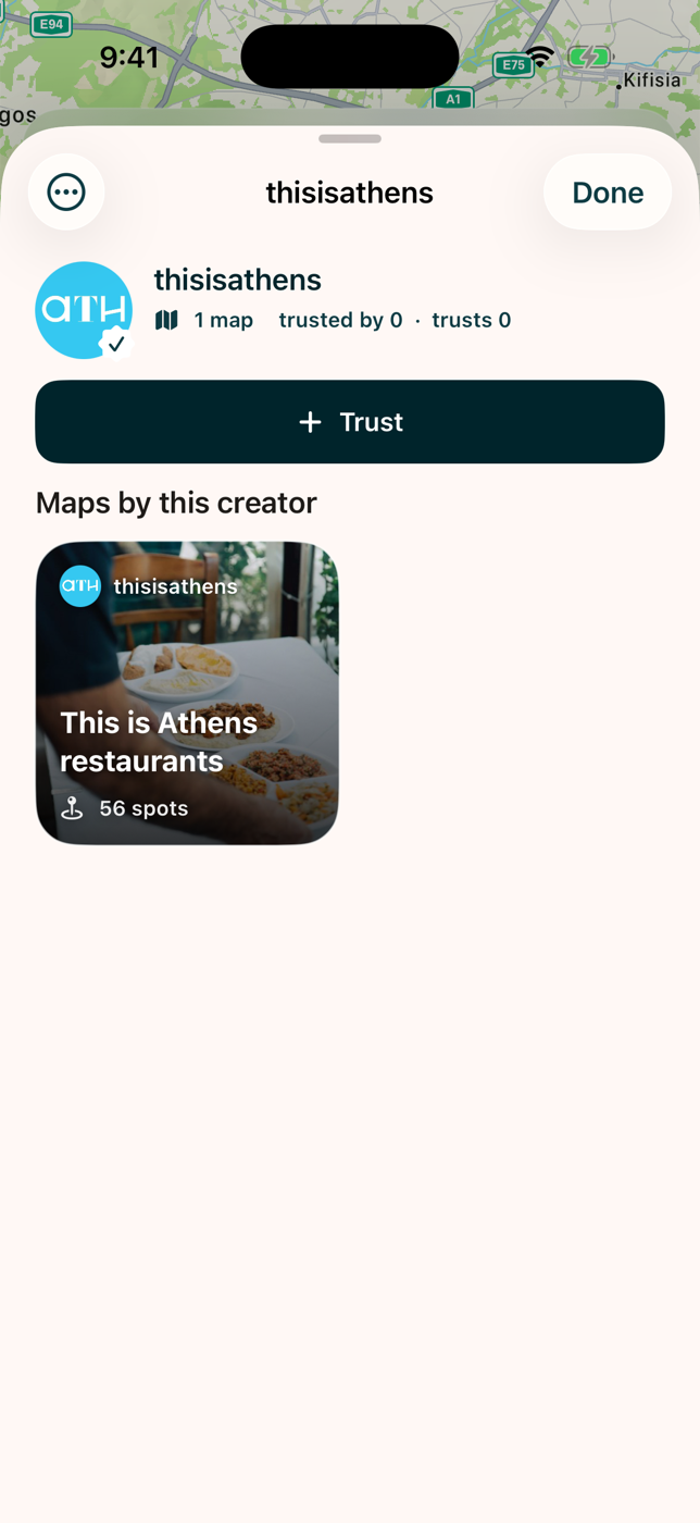 A creator page with bio, social links, maps, and a Trust button