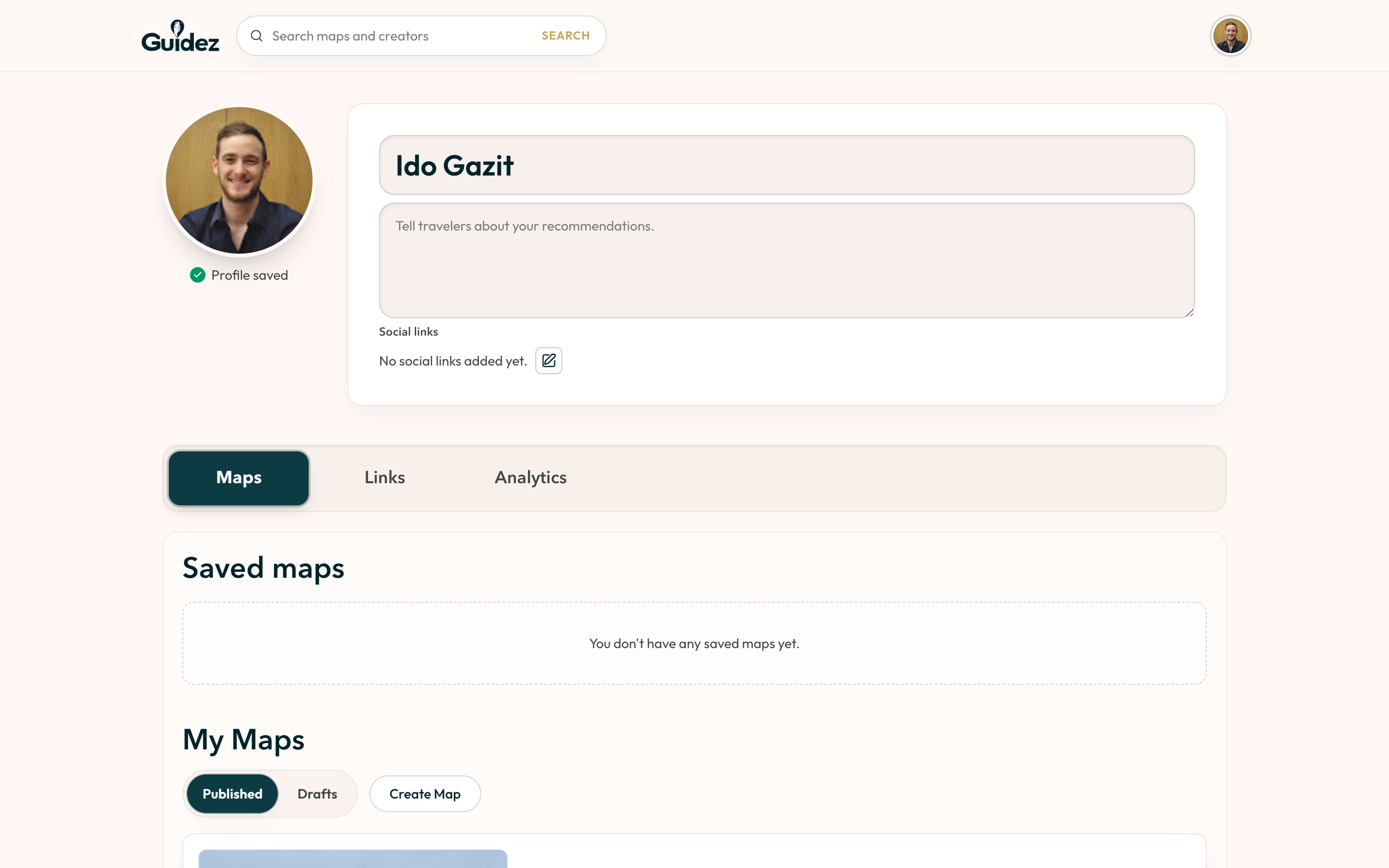 The creator profile editor with photo, bio, and social link fields