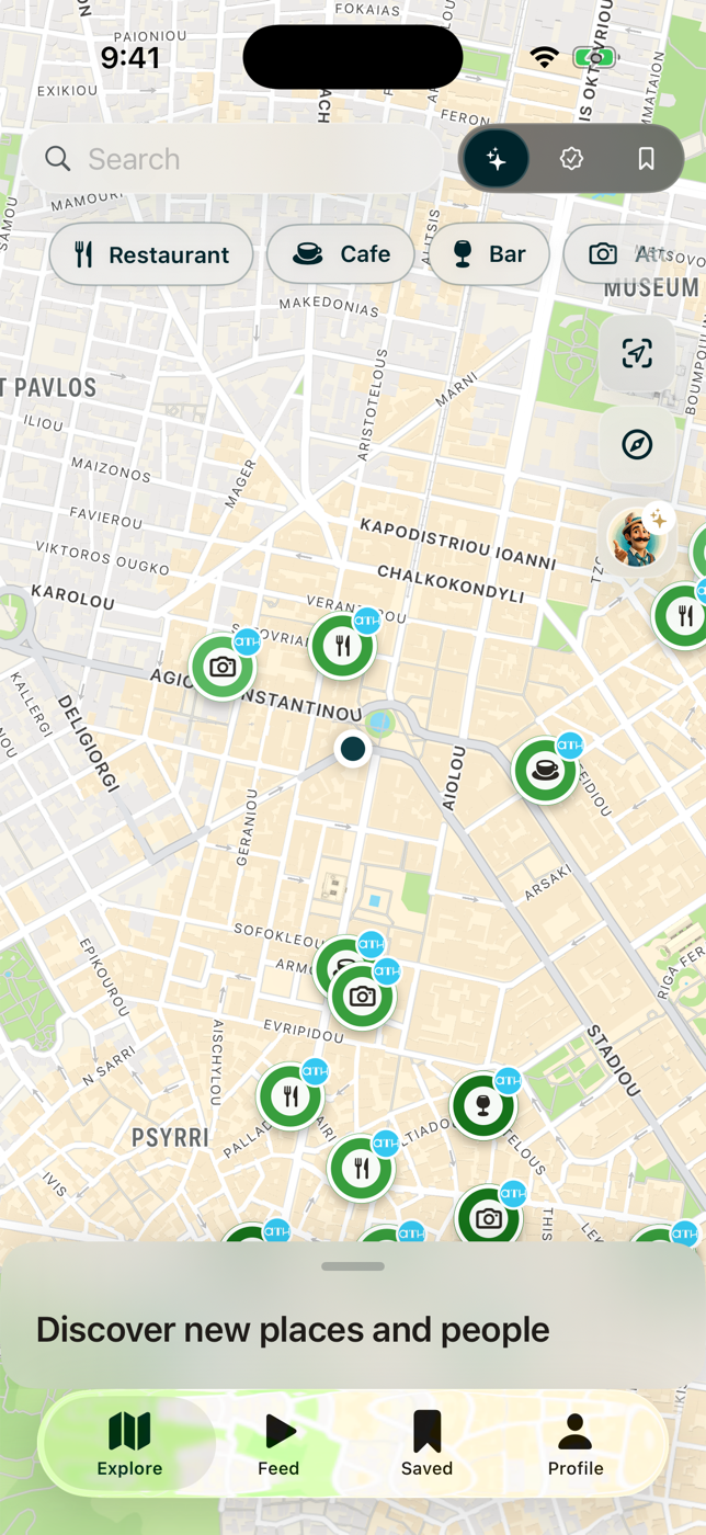 Explore showing recommended places on a map near the user