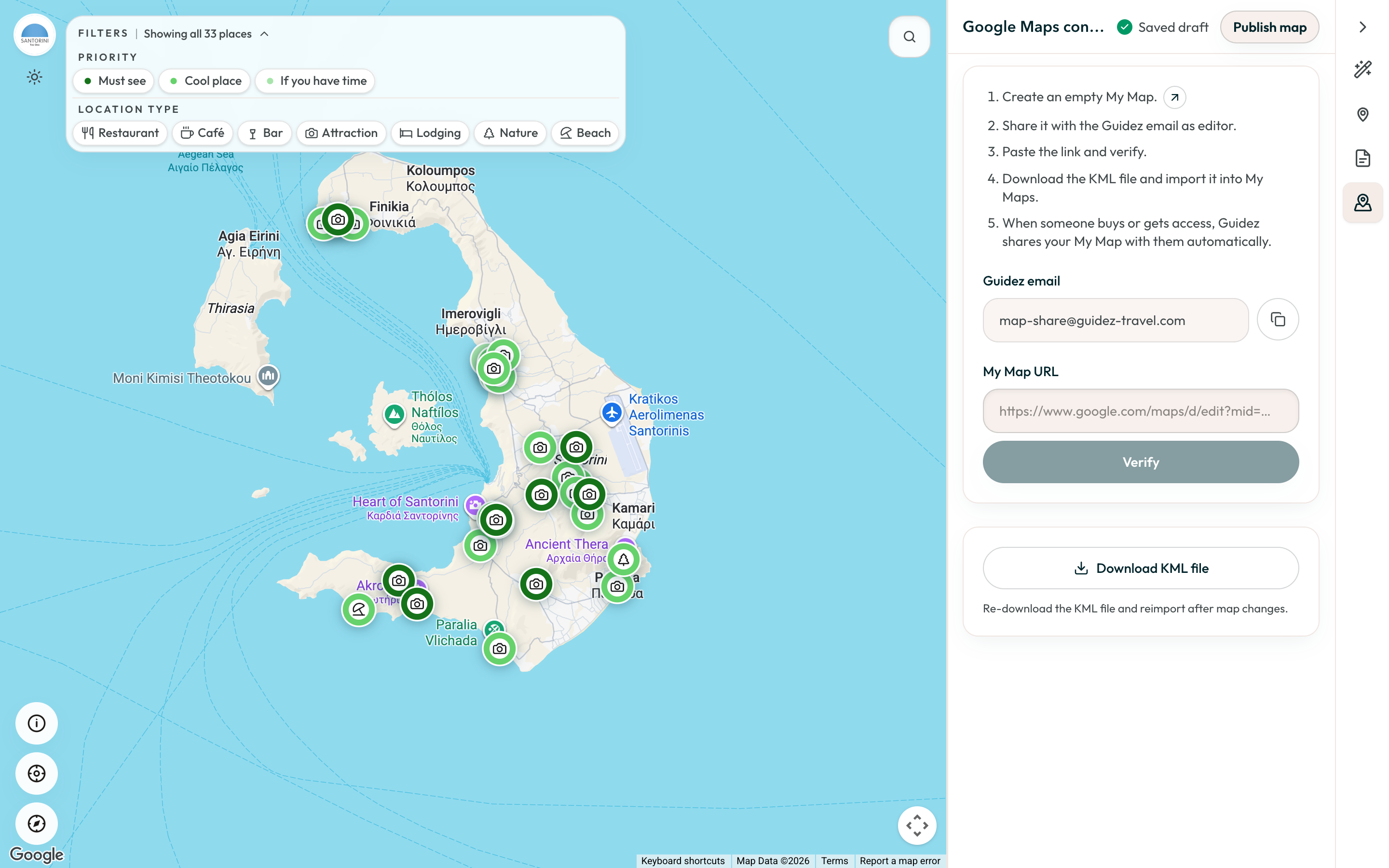 The Google Maps converter panel with the Guidez editor email and a verify field