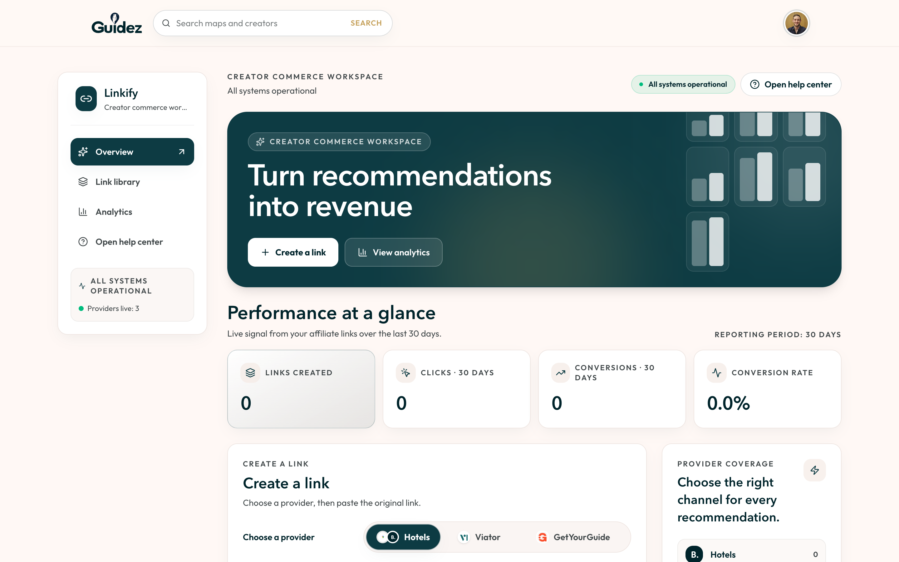 The Linkify overview with provider tabs and a paste field