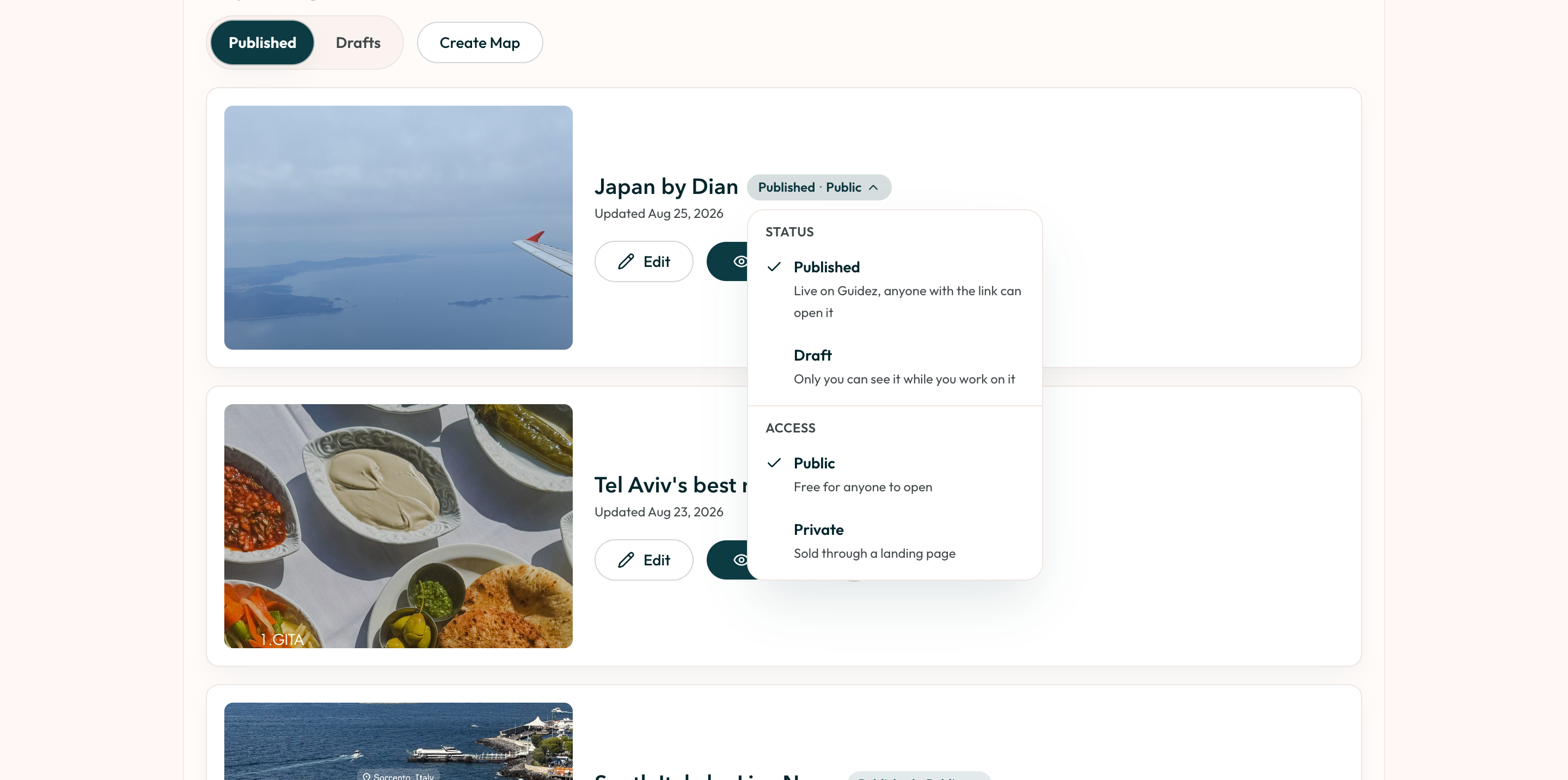 The map status control showing published and access options