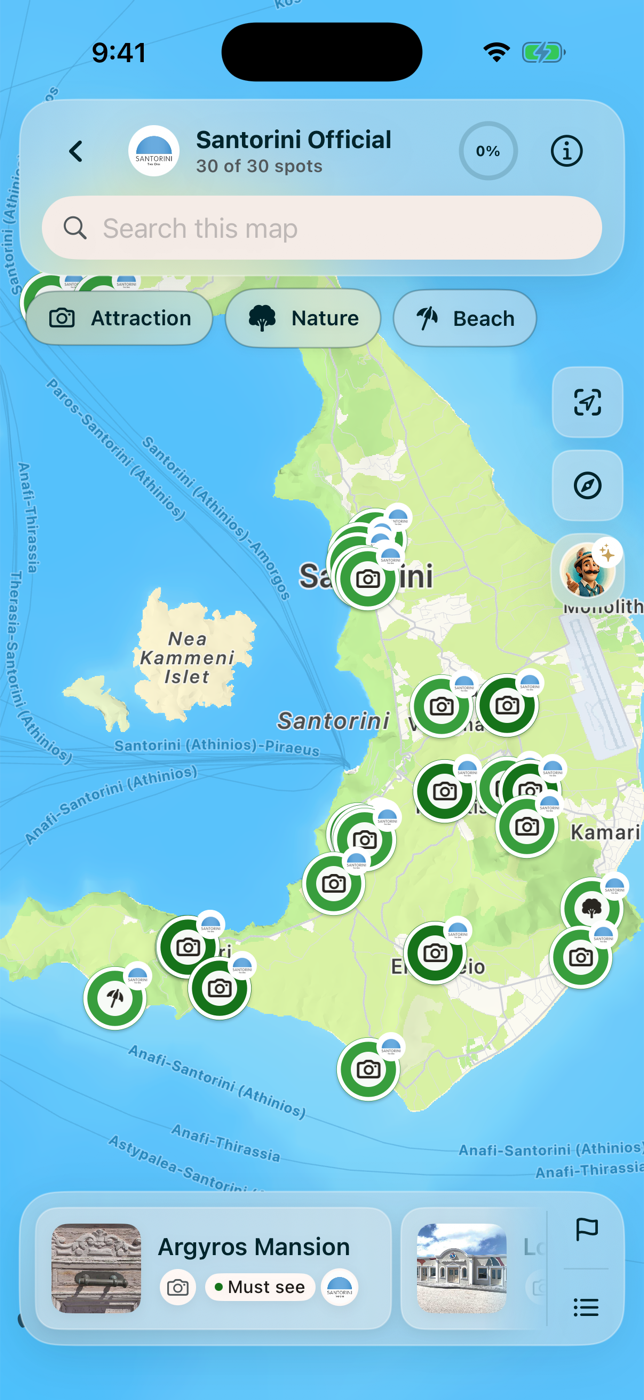 The map viewer with pins, a place card carousel, and search