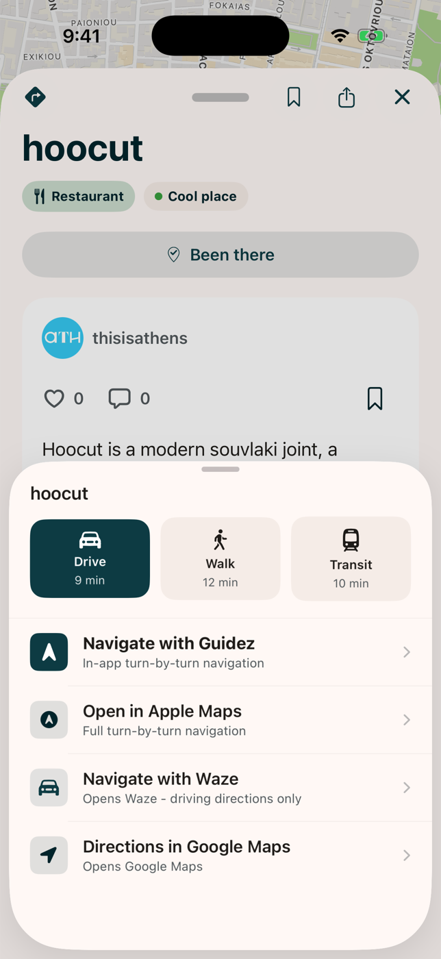 A route preview with a Drive, Walk, Transit picker and a Go button