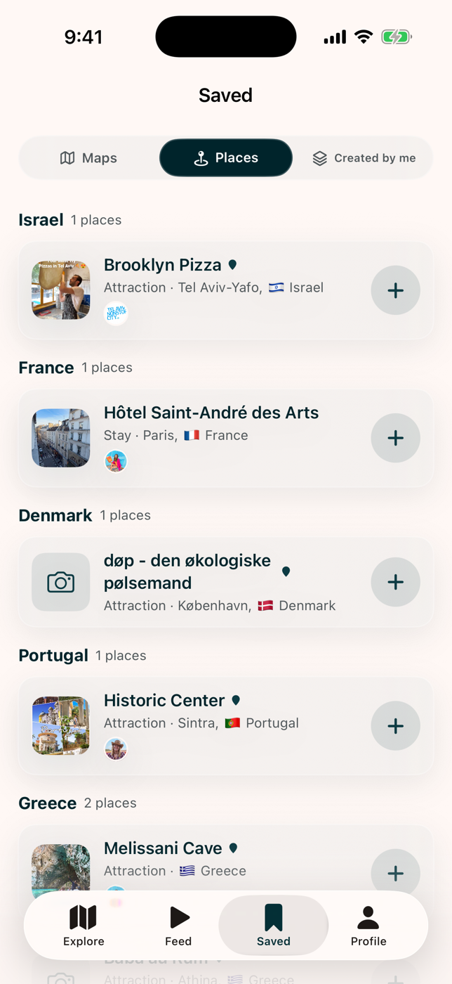 The Saved tab showing bookmarked places