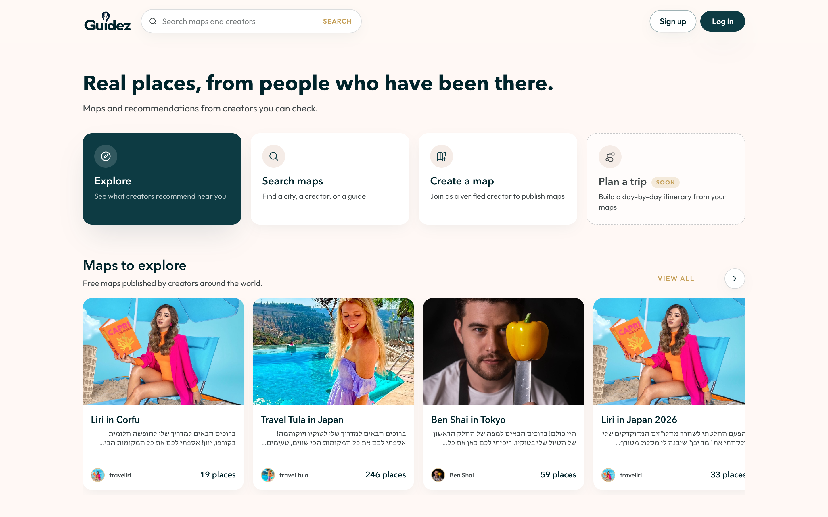 The Guidez web home page with its Explore, Search, Create a map, and Plan a trip entry points